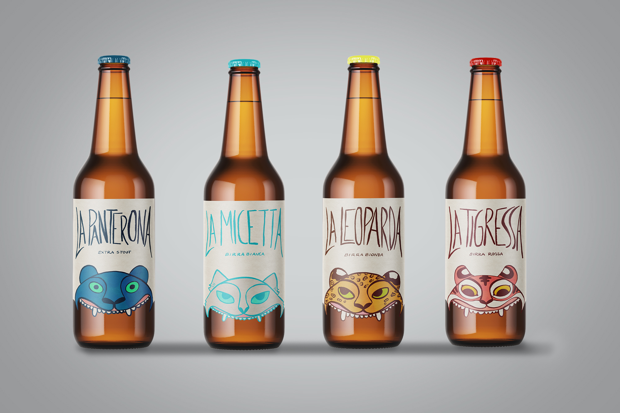 Un progetto personale costruito attorno a quattro etichette per birra; ognuna ispirata a un grande felino, declinato al femminile. 
Realizzato per mostrare come affronto un progetto dal concept all'etichetta finale.